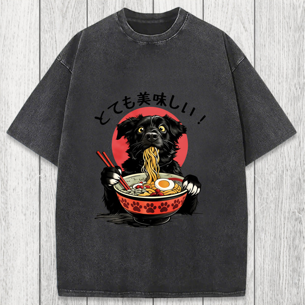 Tokyosol Dog Eating Ramen Joyfully Washed T-Shirt