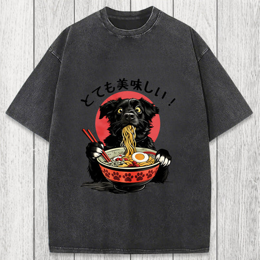 Tokyosol Dog Eating Ramen Joyfully Washed T-Shirt