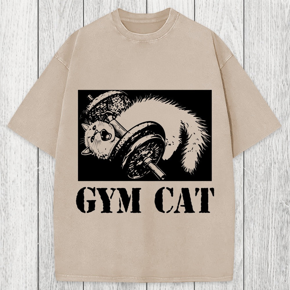 Tokyosol Cat Pumping Iron At The Gym Washed T-Shirt