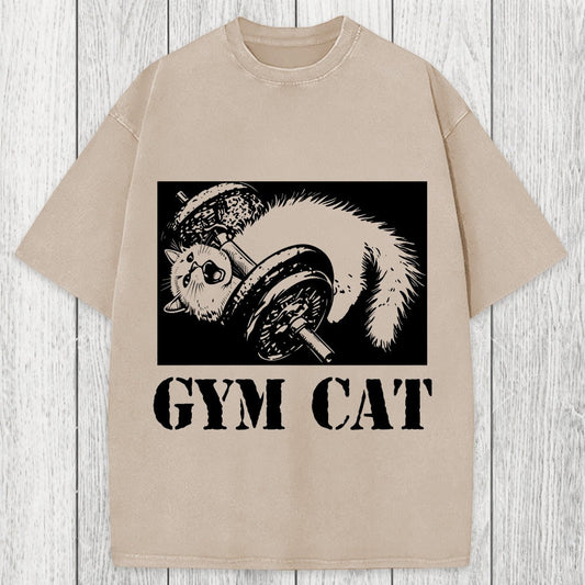 Tokyosol Cat Pumping Iron At The Gym Washed T-Shirt