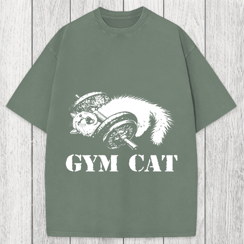 Tokyosol Cat Pumping Iron At The Gym Washed T-Shirt