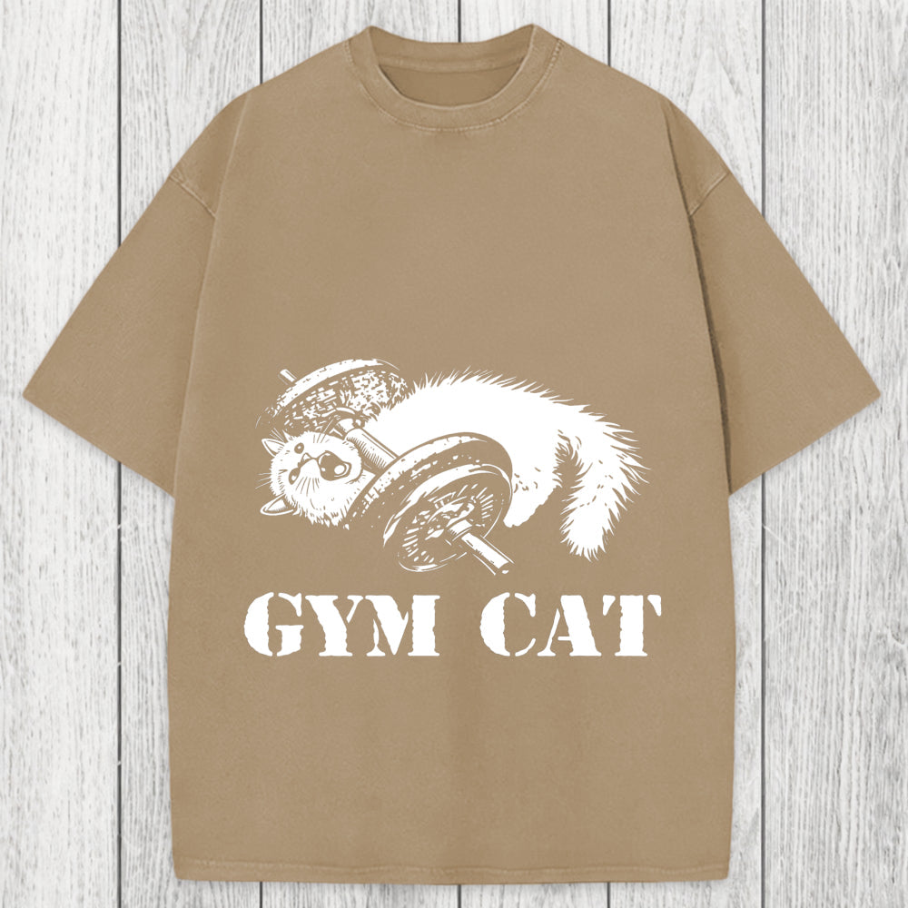 Tokyosol Cat Pumping Iron At The Gym Washed T-Shirt