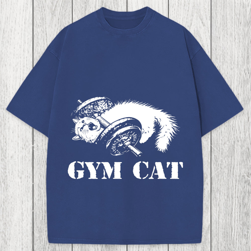 Tokyosol Cat Pumping Iron At The Gym Washed T-Shirt