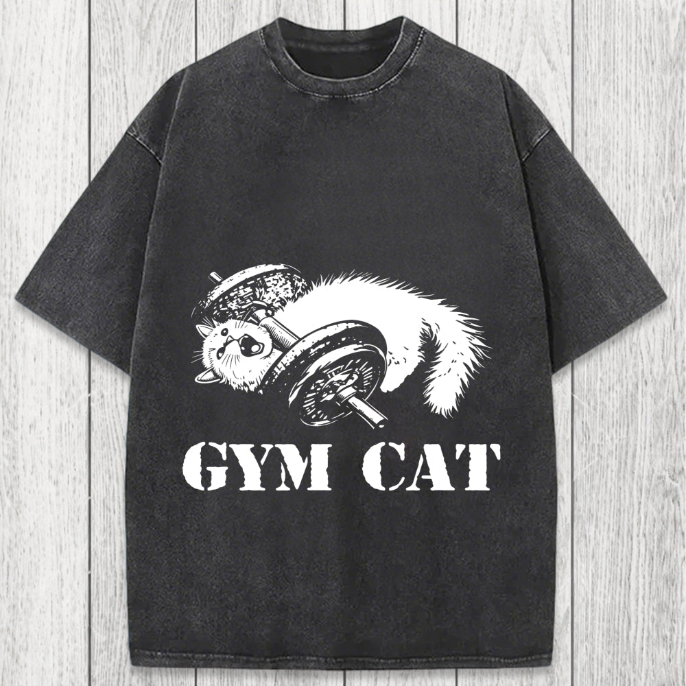 Tokyosol Cat Pumping Iron At The Gym Washed T-Shirt