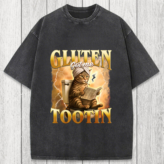 Tokyosol Gluten Got Me Tootin Funny Cat Meme Washed T-Shirt