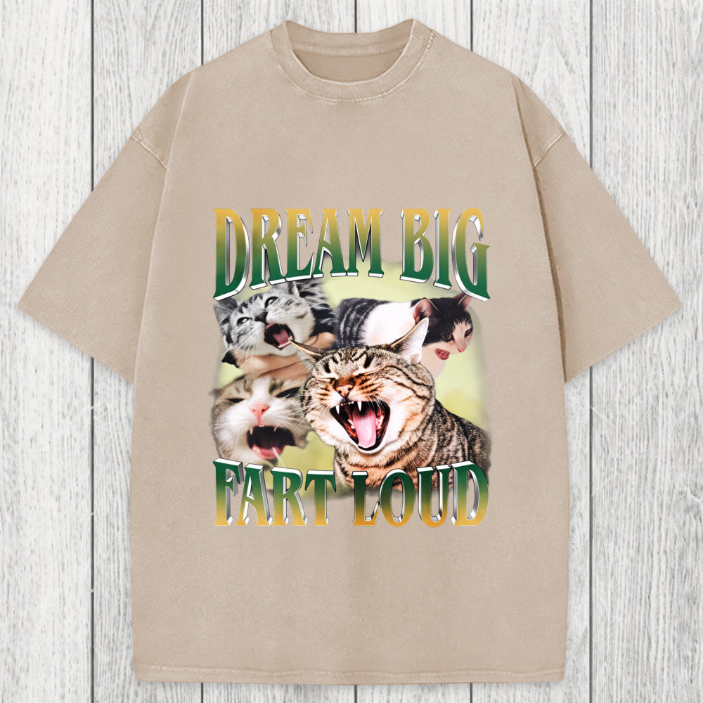 Tokyosol Dream Big Fart Loud Funny Cat Meme Washed T-Shirt