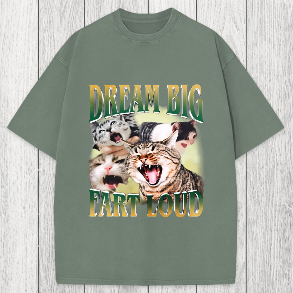 Tokyosol Dream Big Fart Loud Funny Cat Meme Washed T-Shirt