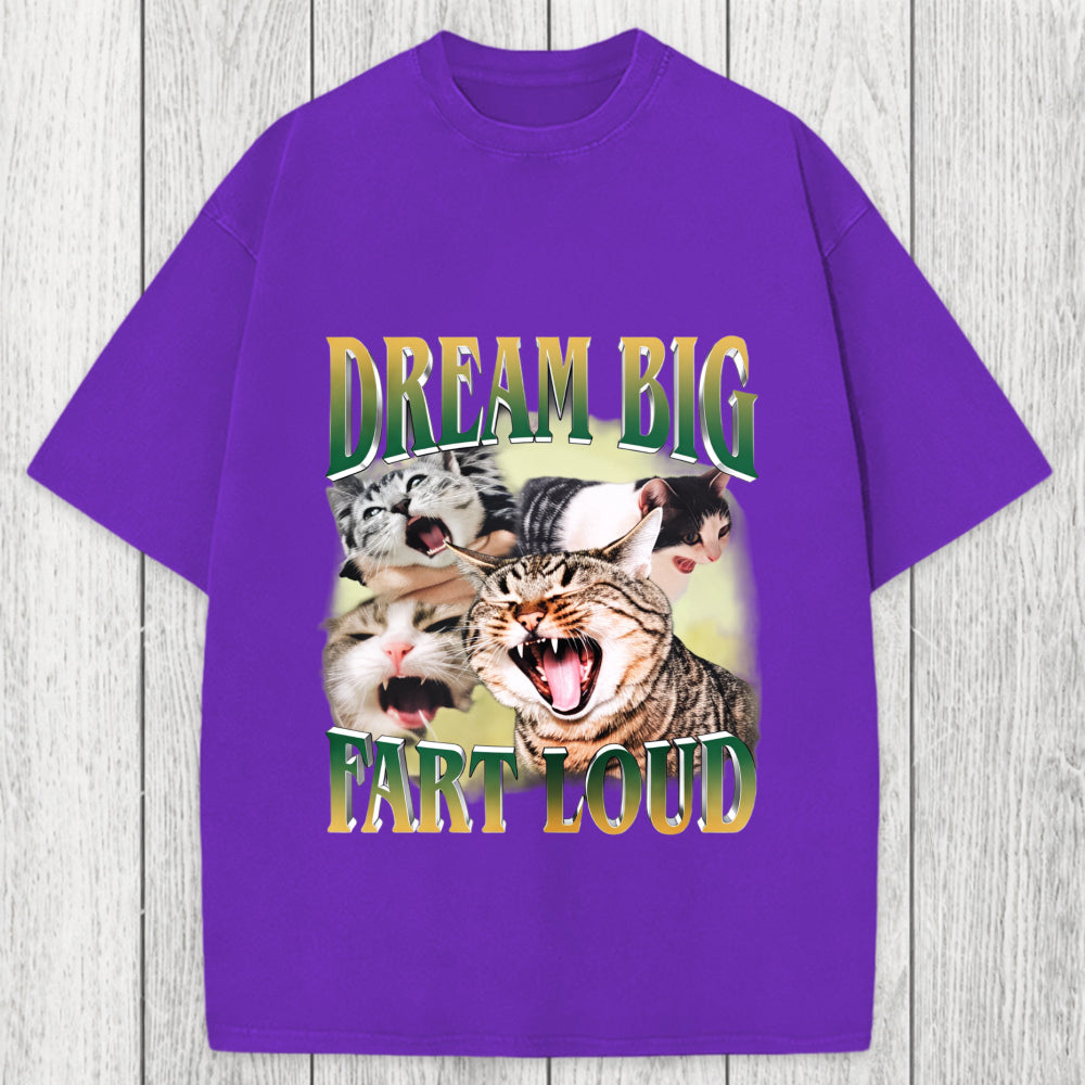 Tokyosol Dream Big Fart Loud Funny Cat Meme Washed T-Shirt