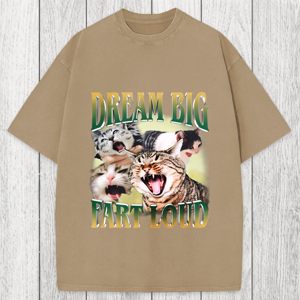 Tokyosol Dream Big Fart Loud Funny Cat Meme Washed T-Shirt