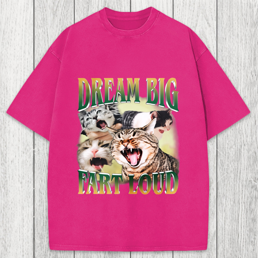 Tokyosol Dream Big Fart Loud Funny Cat Meme Washed T-Shirt