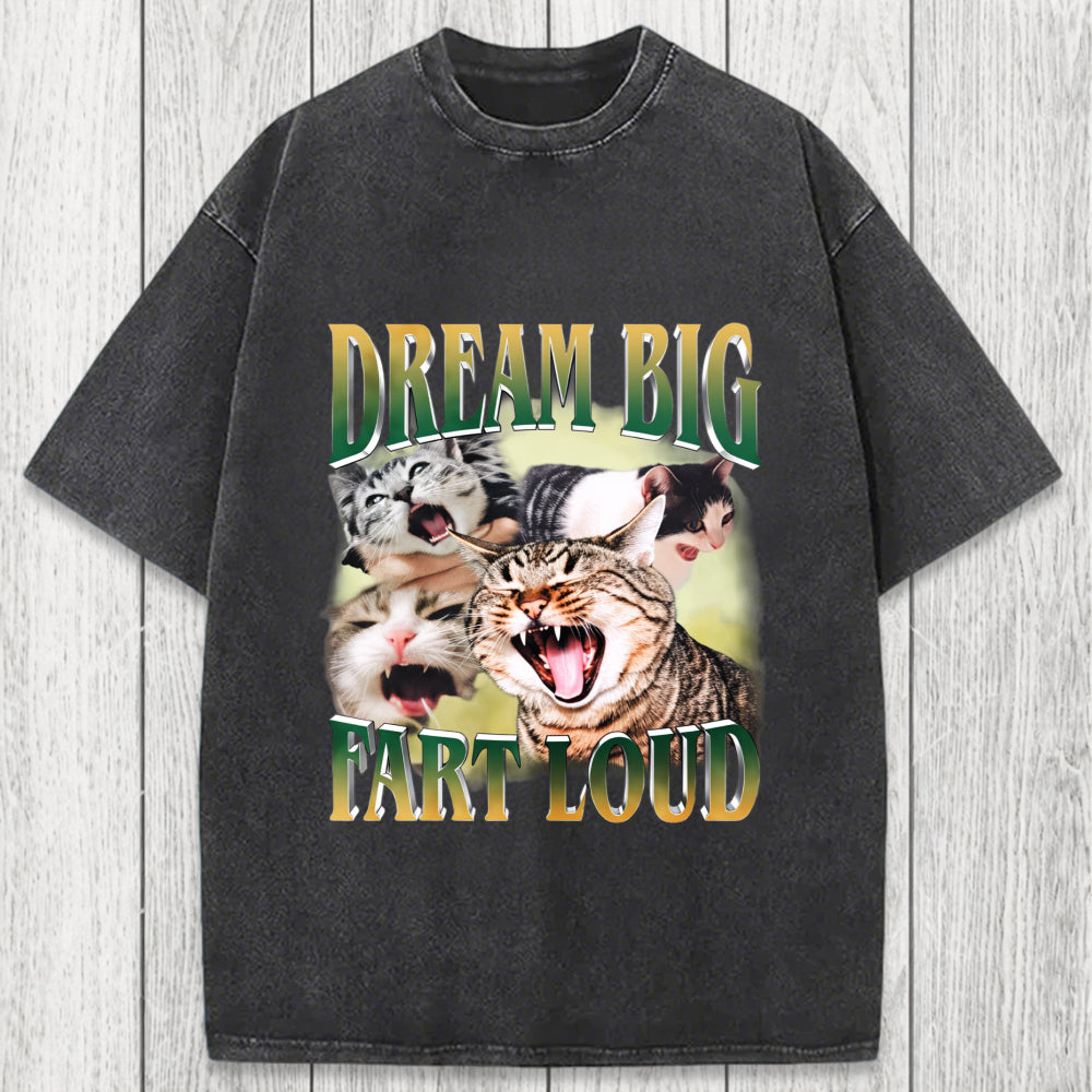 Tokyosol Dream Big Fart Loud Funny Cat Meme Washed T-Shirt
