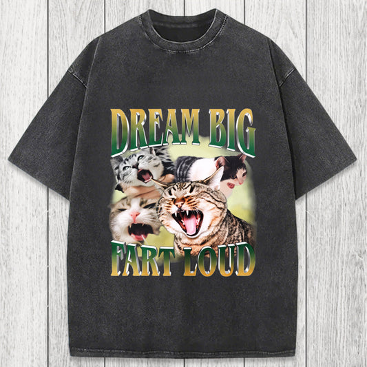 Tokyosol Dream Big Fart Loud Funny Cat Meme Washed T-Shirt