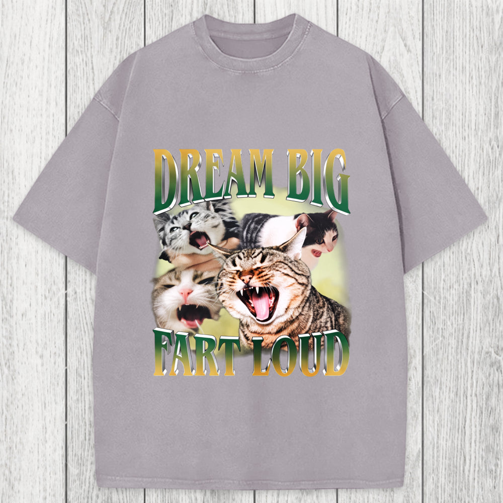 Tokyosol Dream Big Fart Loud Funny Cat Meme Washed T-Shirt