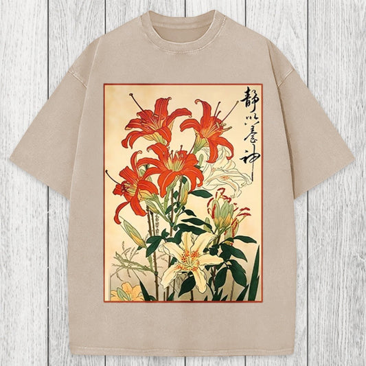 Tokyosol Red And White Lilies Washed T-Shirt