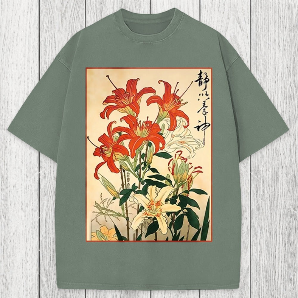 Tokyosol Red And White Lilies Washed T-Shirt