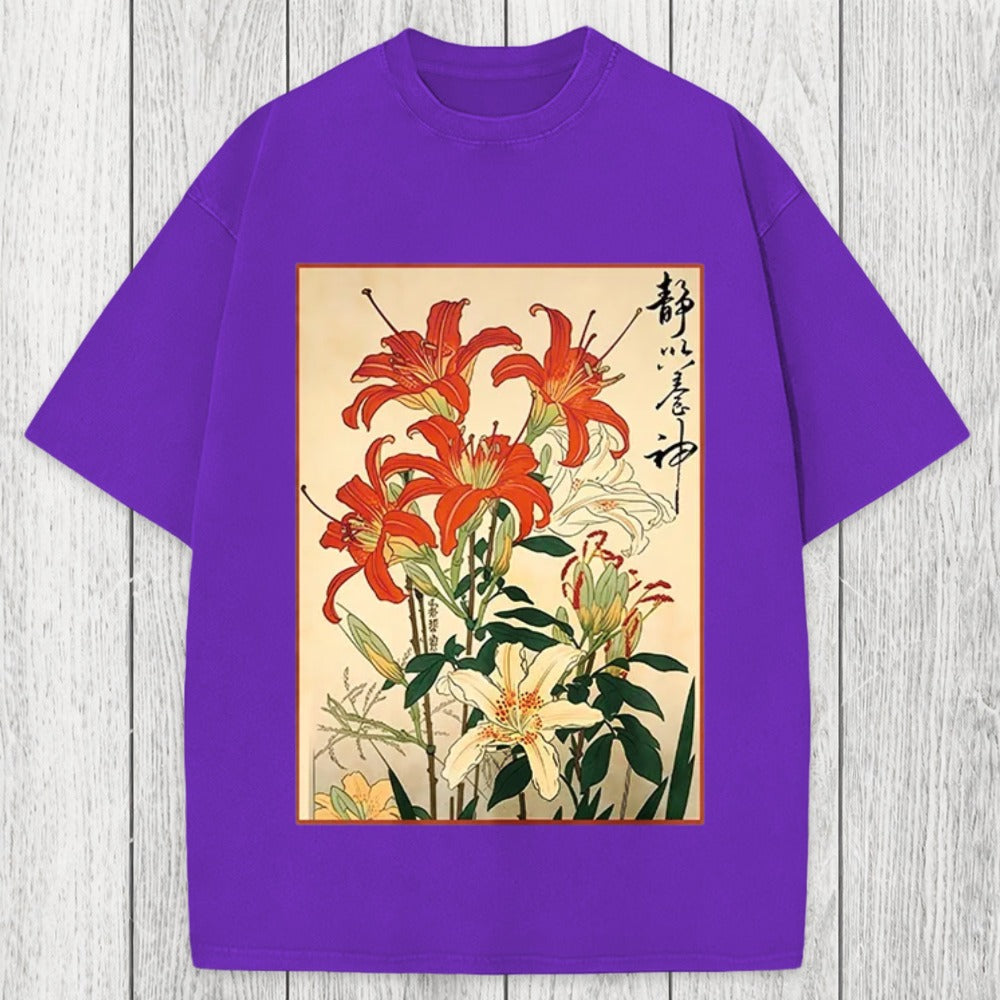 Tokyosol Red And White Lilies Washed T-Shirt