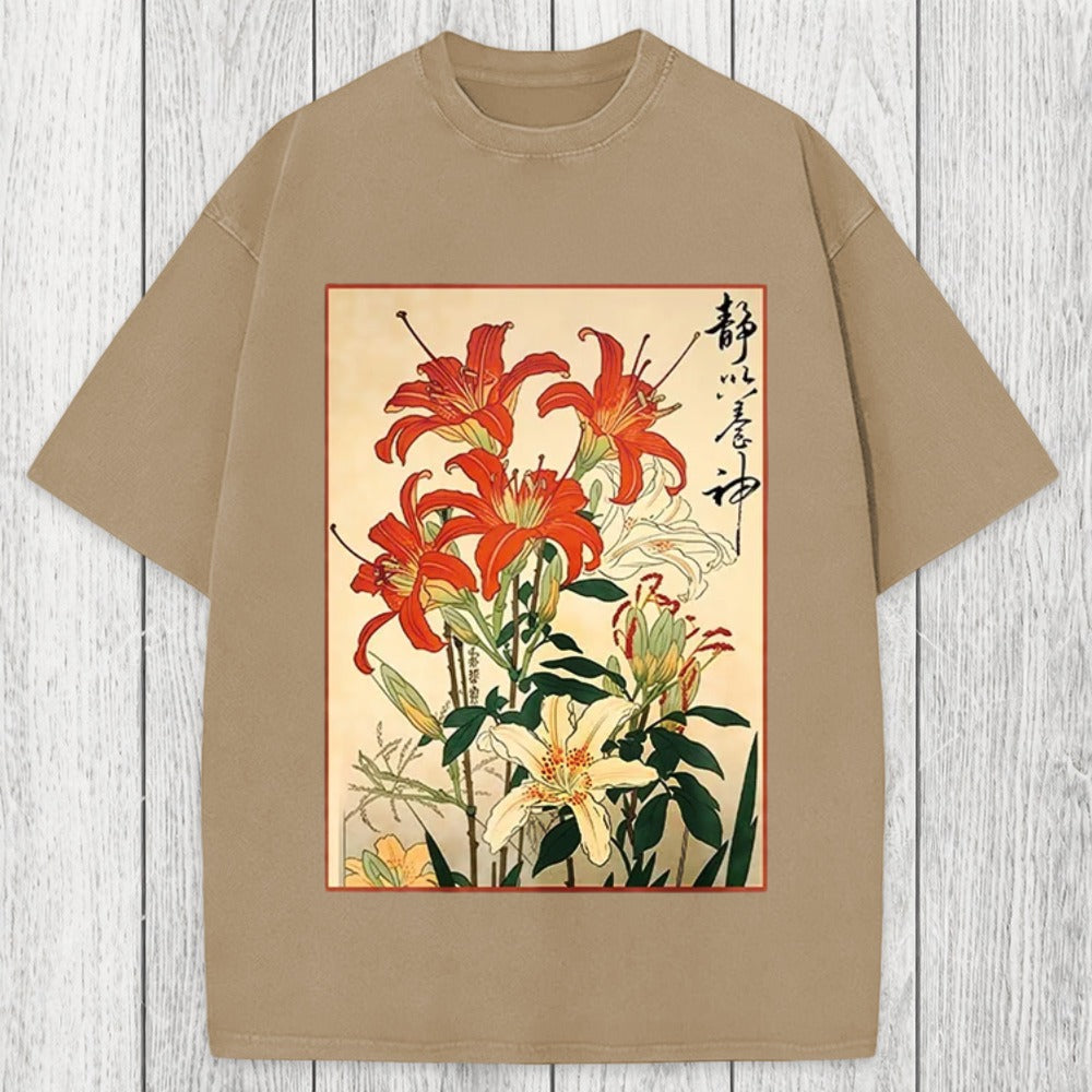 Tokyosol Red And White Lilies Washed T-Shirt
