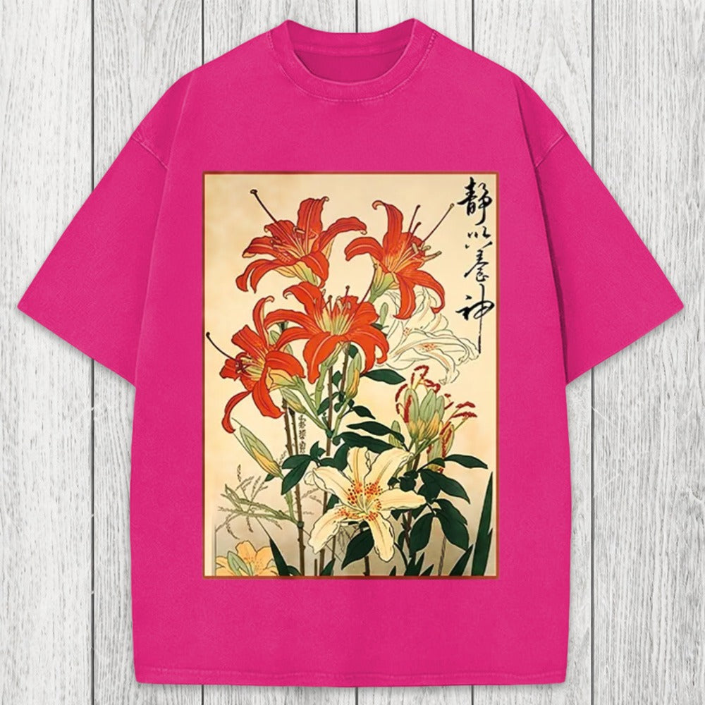 Tokyosol Red And White Lilies Washed T-Shirt