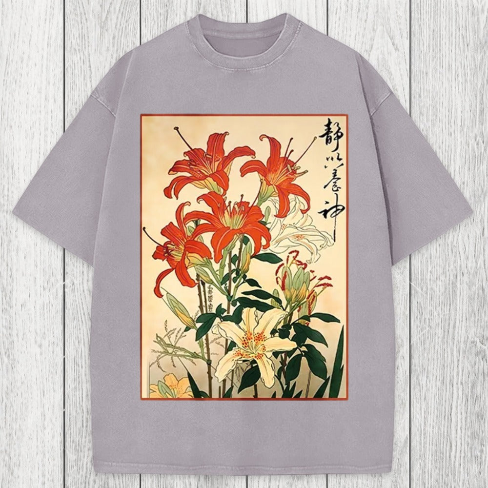 Tokyosol Red And White Lilies Washed T-Shirt
