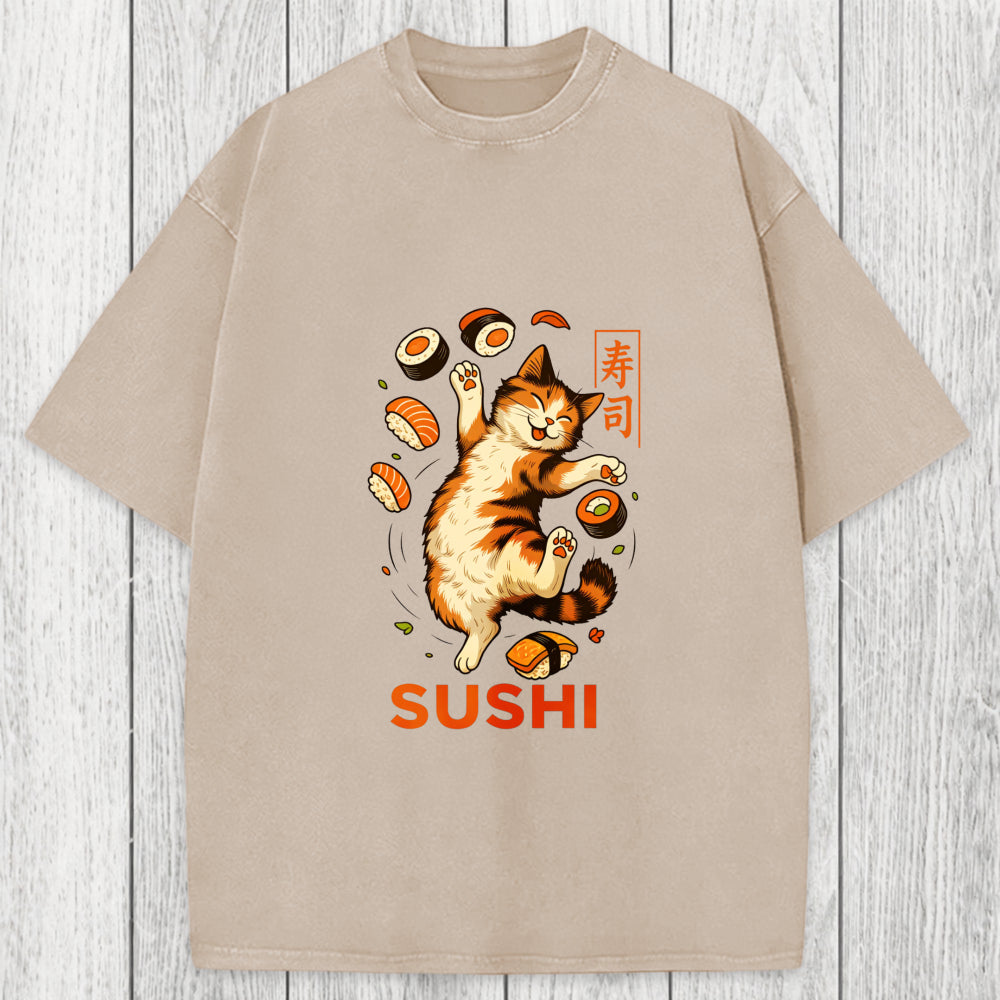 Tokyosol Funny Sushi Cat Washed T-Shirt