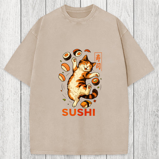 Tokyosol Funny Sushi Cat Washed T-Shirt