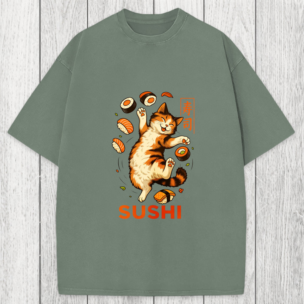 Tokyosol Funny Sushi Cat Washed T-Shirt