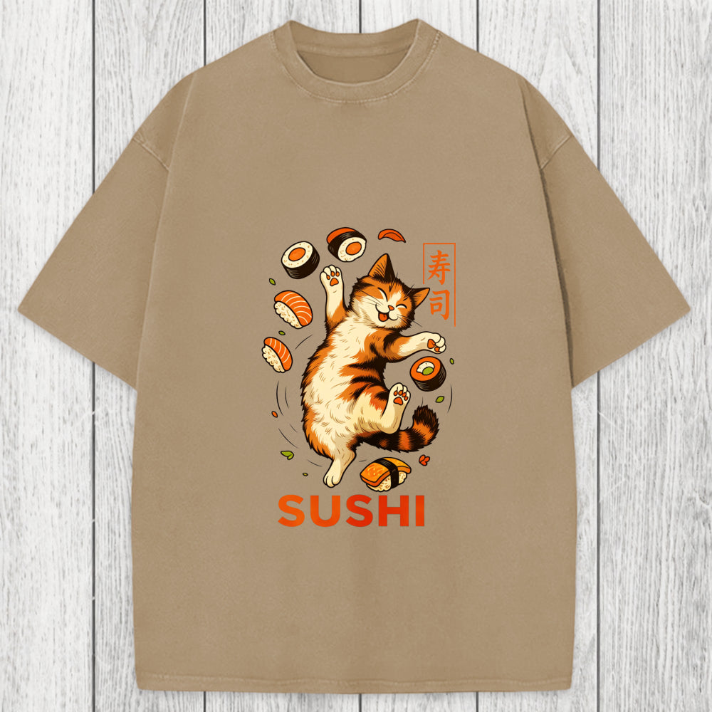 Tokyosol Funny Sushi Cat Washed T-Shirt