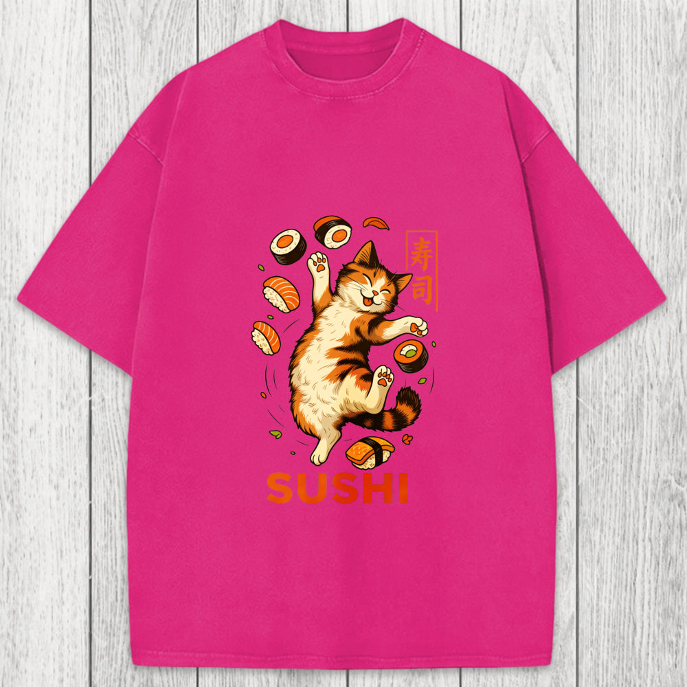 Tokyosol Funny Sushi Cat Washed T-Shirt