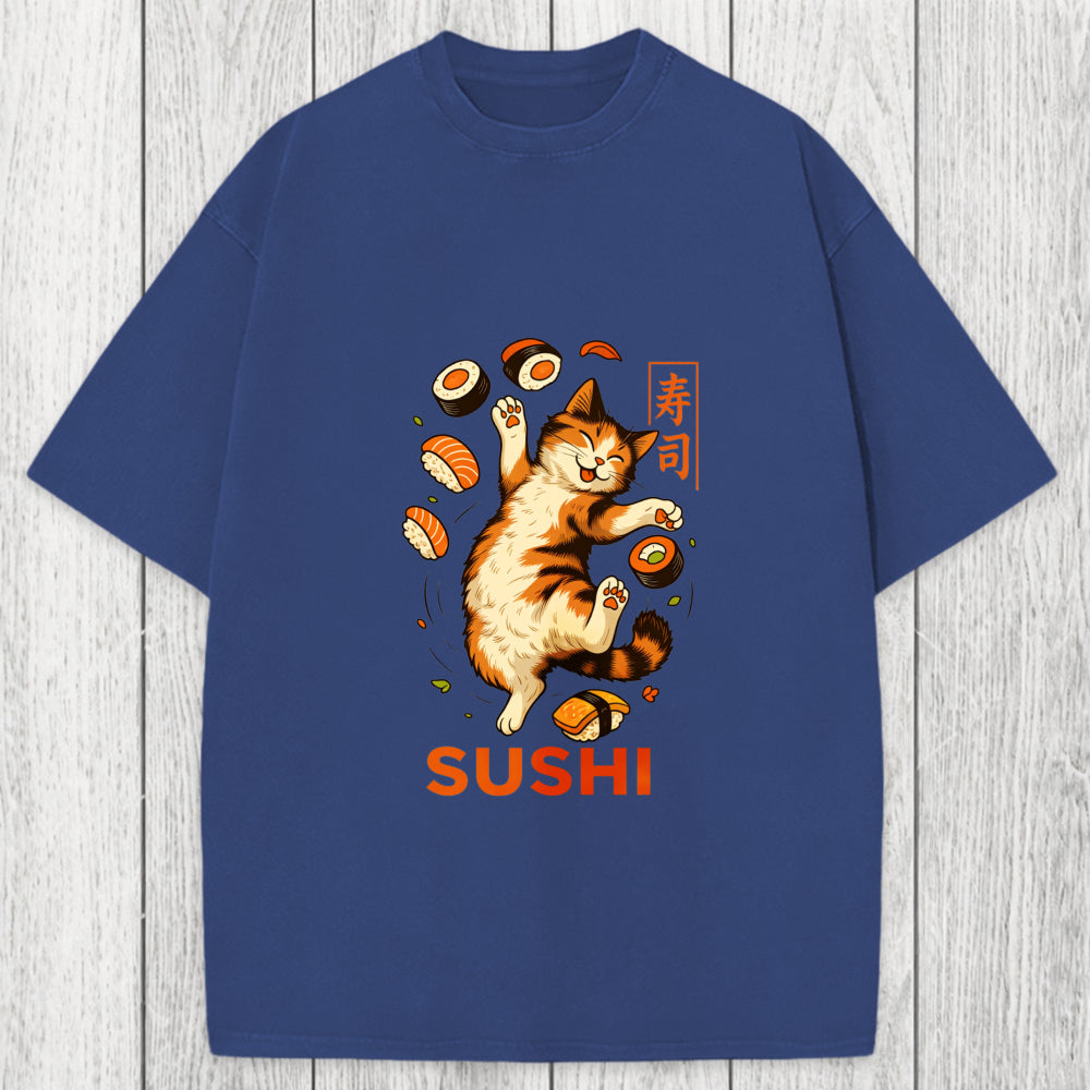 Tokyosol Funny Sushi Cat Washed T-Shirt