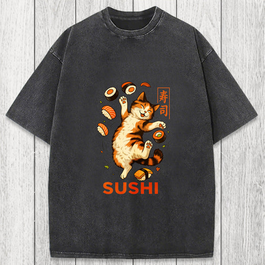 Tokyosol Funny Sushi Cat Washed T-Shirt