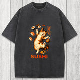 Tokyosol Funny Sushi Cat Washed T-Shirt
