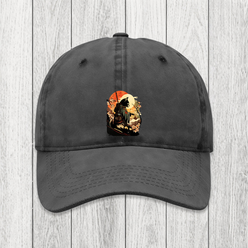 Tokyosol Cat Ninja Ukiyo-e Anime Style Samurai Washed Cap