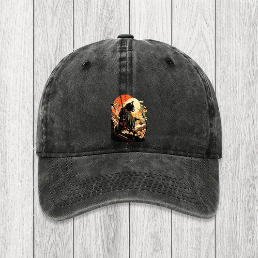 Tokyosol Cat Ninja Ukiyo-e Anime Style Samurai Washed Cap