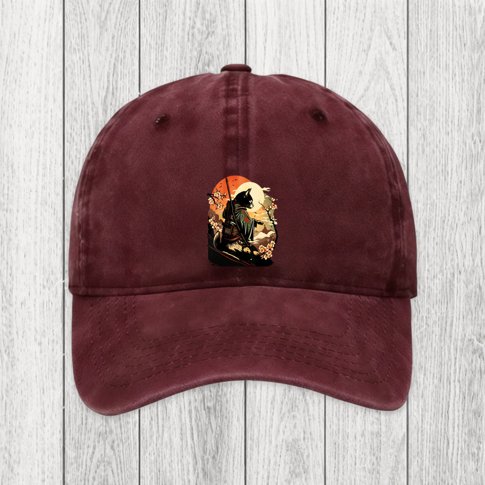 Tokyosol Cat Ninja Ukiyo-e Anime Style Samurai Washed Cap