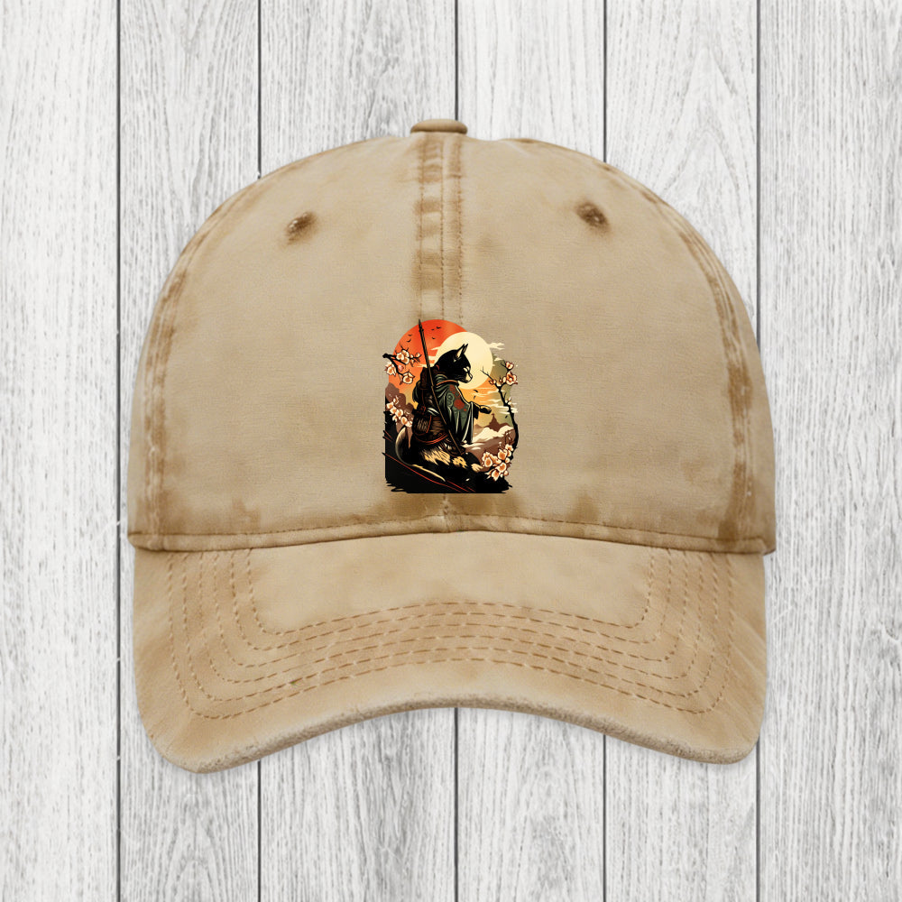 Tokyosol Cat Ninja Ukiyo-e Anime Style Samurai Washed Cap