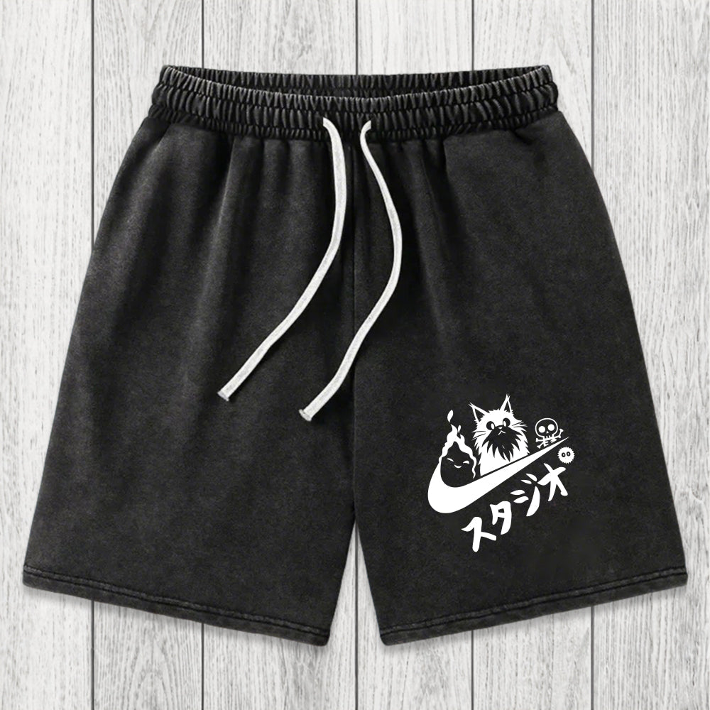 Tokyosol Black Cat Vintage Washed Shorts