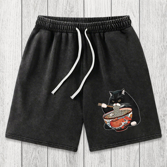 Tokyosol Fat Cat Eating Ramen Washed Shorts