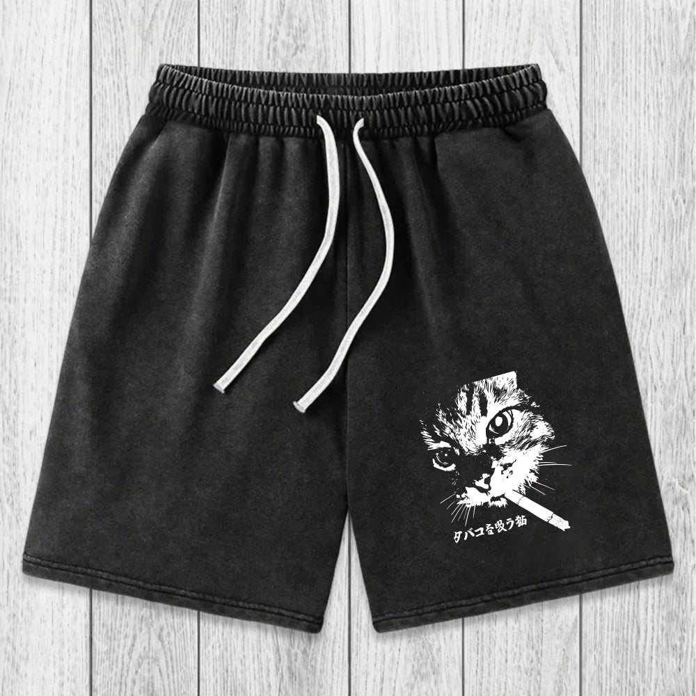 Tokyosol Retro Cat Smoking Washed Shorts