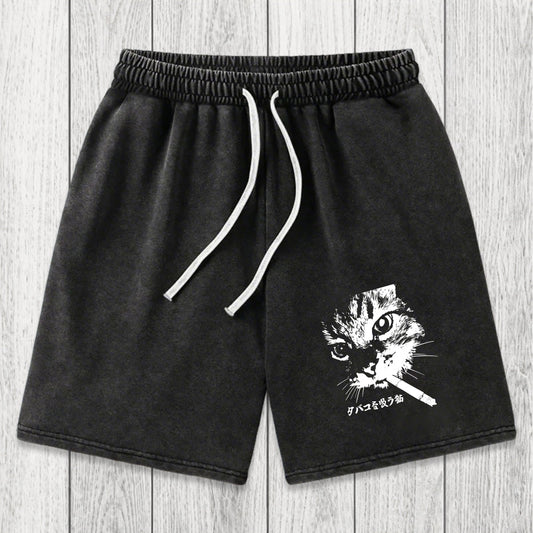 Tokyosol Retro Cat Smoking Washed Shorts