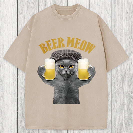 Tokyosol Funny Cat Drinking Or Serving Beer Washed T-Shirt