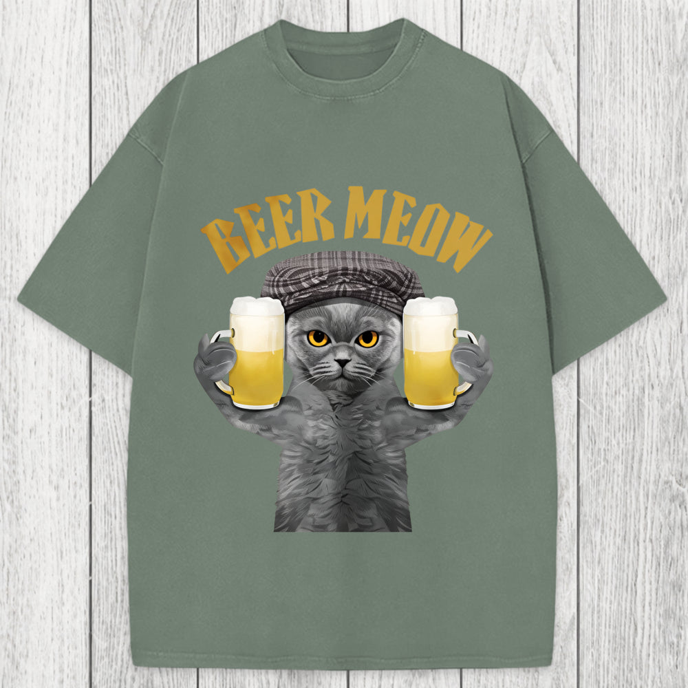 Tokyosol Funny Cat Drinking Or Serving Beer Washed T-Shirt