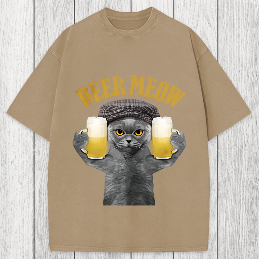 Tokyosol Funny Cat Drinking Or Serving Beer Washed T-Shirt