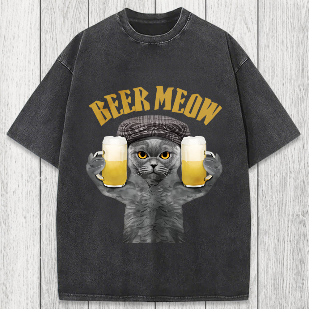 Tokyosol Funny Cat Drinking Or Serving Beer Washed T-Shirt