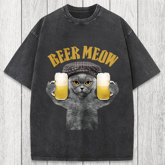 Tokyosol Funny Cat Drinking Or Serving Beer Washed T-Shirt