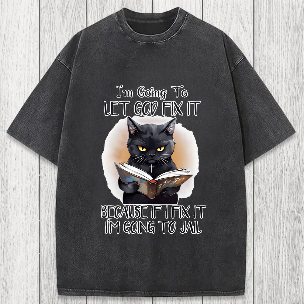 Tokyosol Funny Sarcastic Black Cat Washed T-Shirt