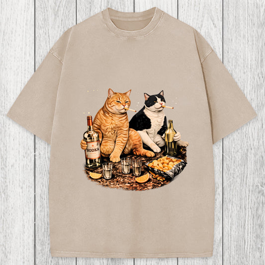 Tokyosol Funny Smoking Cat Washed T-Shirt
