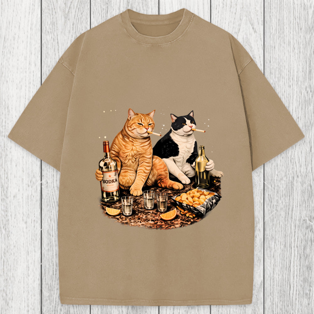 Tokyosol Funny Smoking Cat Washed T-Shirt