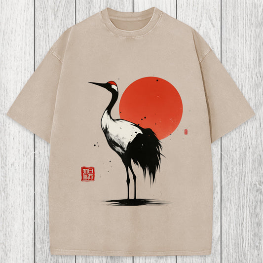 Tokyosol Retro Japanese Red-crowned Crane Washed T-Shirt