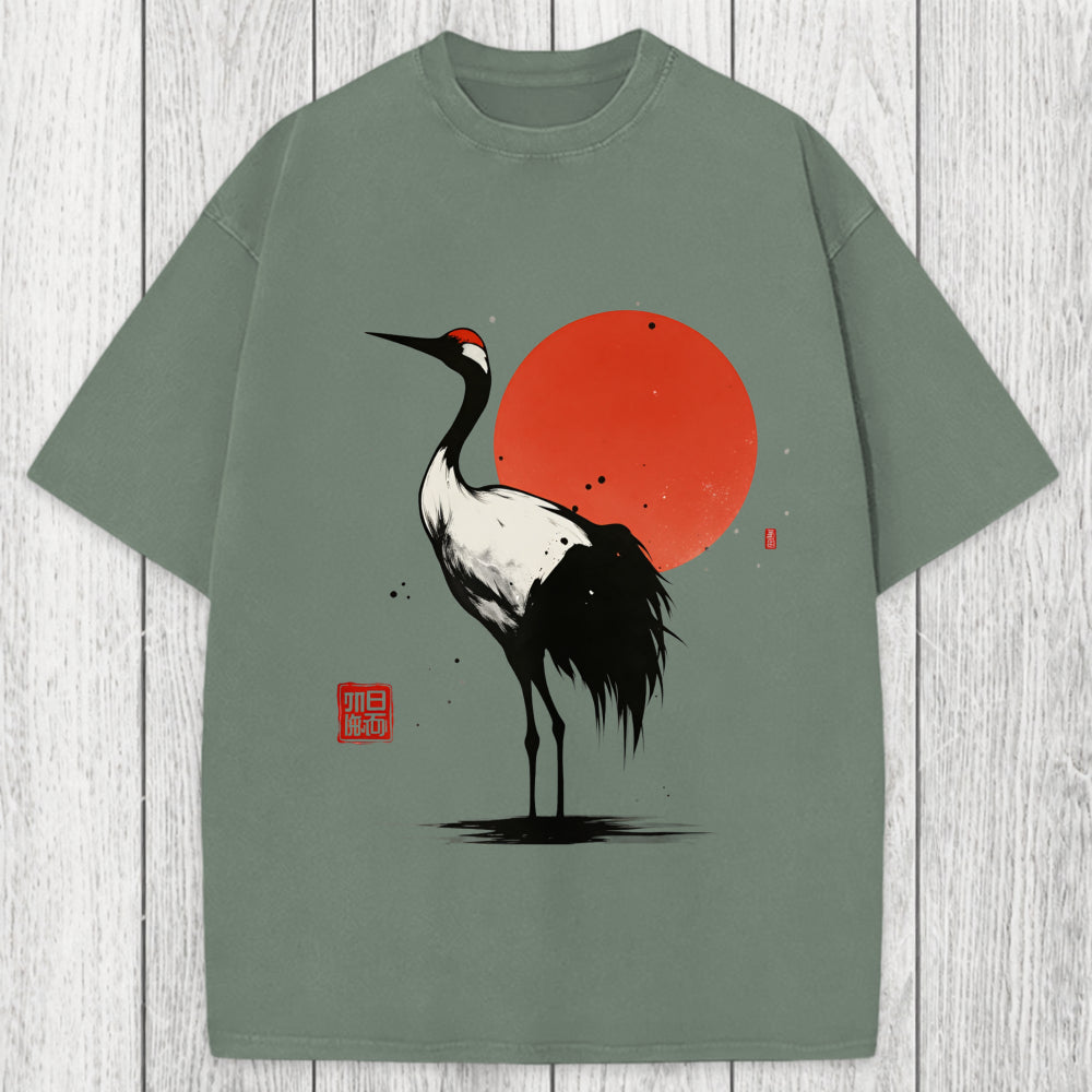 Tokyosol Retro Japanese Red-crowned Crane Washed T-Shirt