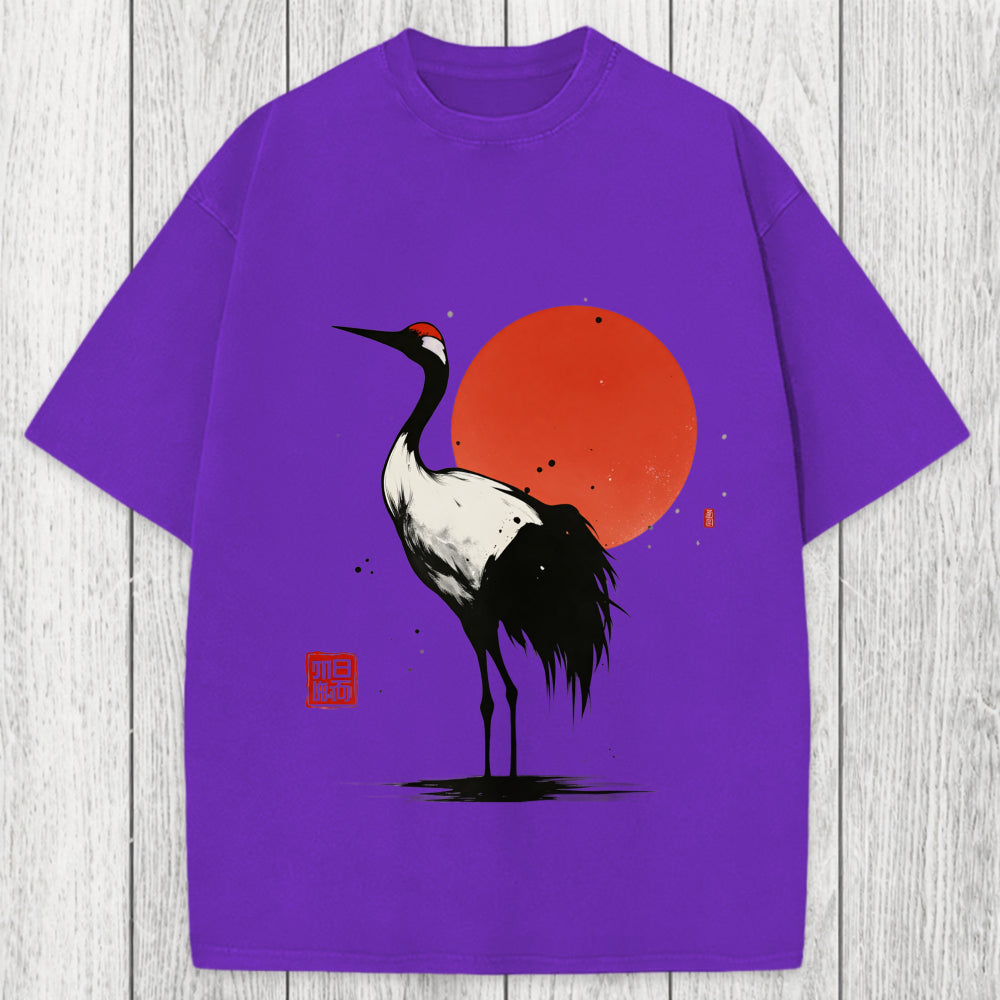 Tokyosol Retro Japanese Red-crowned Crane Washed T-Shirt